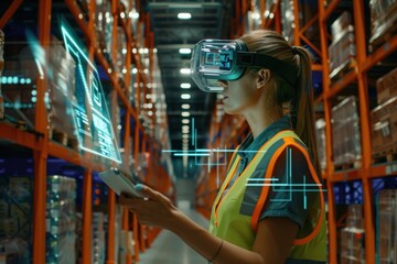 Woman using VR in warehouse setting