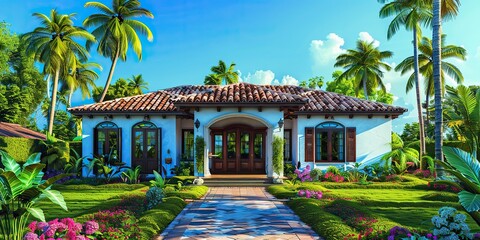 Obraz premium facade of a beautiful house with a front garden of palm trees short grass and tropical plants.stock illustration
