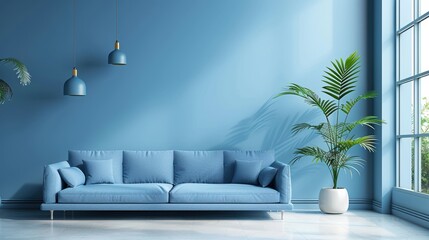 A beautifully designed living room with a minimalist approach, showcasing a soothing blue color scheme. The spacious layout provides plenty of copy space for your messaging.