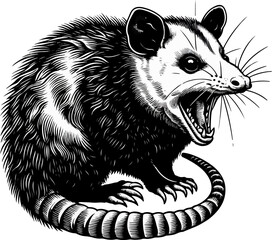 engrave black and white illustration of screaming opossum