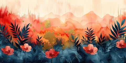 a combination of abstract watercolor paint leaves gold animals puppies plants flowers horses geometrics feathers etc.stock photo