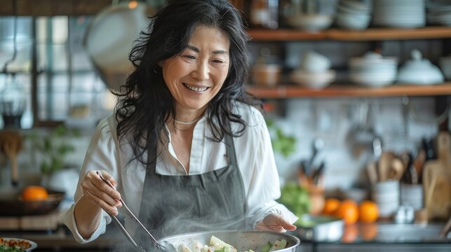 A Korean woman in her 40s is cooking in the kitchen. This woman loves cooking and is smiling happily. she is using white cookware. Generative AI.