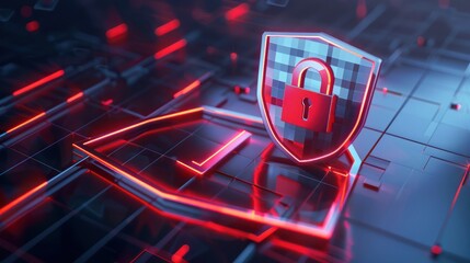 A cutting-edge 3D render of a security shield with a check mark overlay and a solid lock icon, emphasizing the importance of secure authentication and data protection.