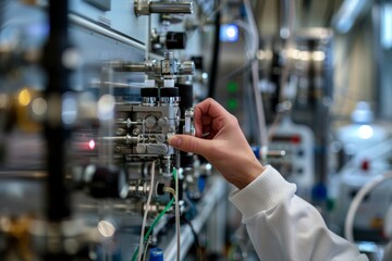 Researcher Adjusting Advanced Hydrogen Fuel Cell Technology in Modern Laboratory Setting