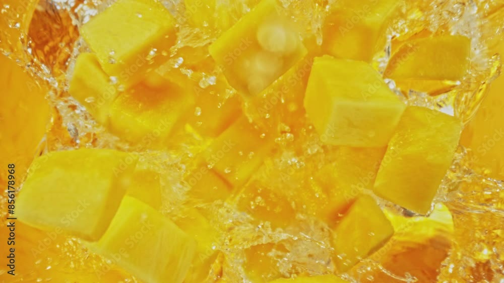 Poster super slow motion of falling mango slices into water, colored background. filmed on high speed cinem