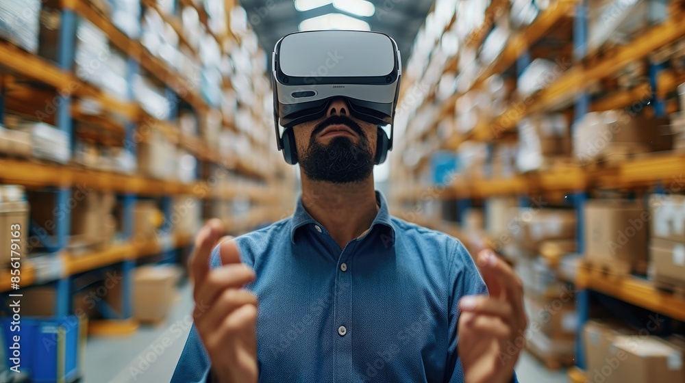 Poster man using a vr headset in an industrial warehouse, illustrating the integration of technology and mo