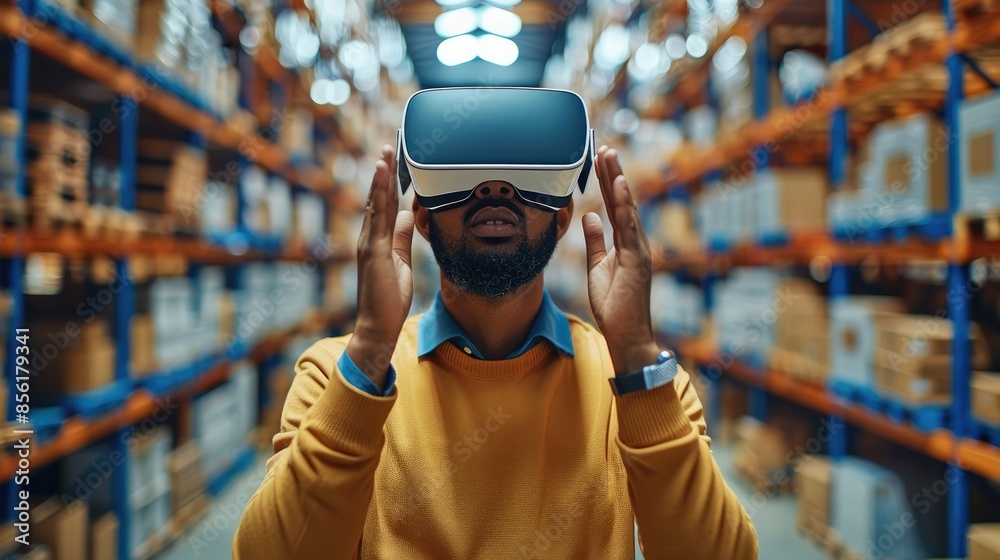 Aufkleber man using a vr headset in an industrial warehouse, illustrating the integration of technology and mo