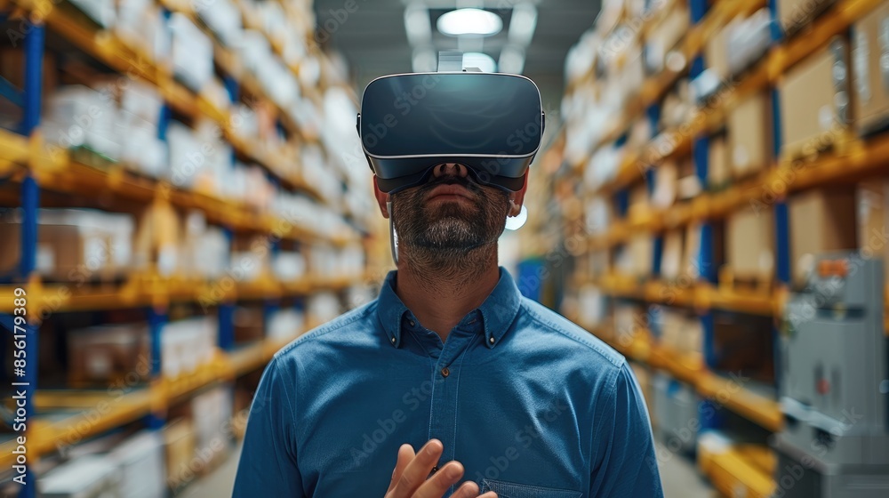 Aufkleber man using a vr headset in an industrial warehouse, illustrating the integration of technology and mo