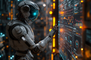 AI & The Future of Finance: A robot meticulously analyzes market data, predicting financial outcomes with pinpoint accuracy. Human limitations are transcended in this new age of intelligent investing.
