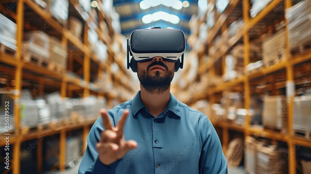 Poster man using a vr headset in an industrial warehouse, illustrating the integration of technology and mo