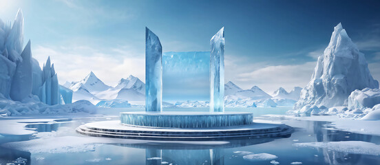 Ice background podium cold winter snow product platform floor frozen mountain iceberg. Podium glacier cool ice background stage landscape display icy stand 3d water nature pedestal arctic concept cave