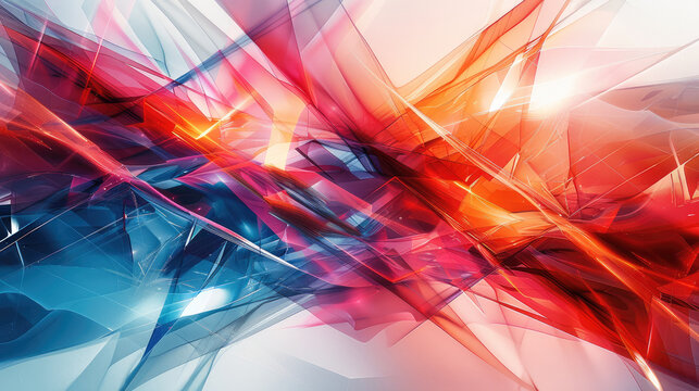 Abstract background with bold, contrasting colors like deep reds and electric blues, combined with sharp, angular shapes to convey a sense of dynamic energy. Generative AI.