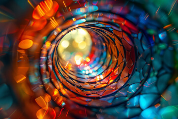 Abstract tunnel of colorful lights and mesh. Vivid circular spiral of illuminated light points