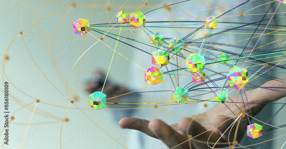 Poster Neural network 3D illustration. Big data and cybersecurity
