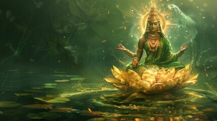 Illustration of goddess lakshmi meditating on a lotus flower, radiating light and prosperity