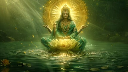 Goddess lakshmi sitting serenely on a lotus flower in water, radiating beauty and divinity