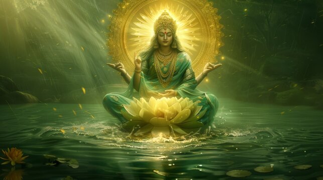 Goddess lakshmi sitting serenely on a lotus flower in water, radiating beauty and divinity
