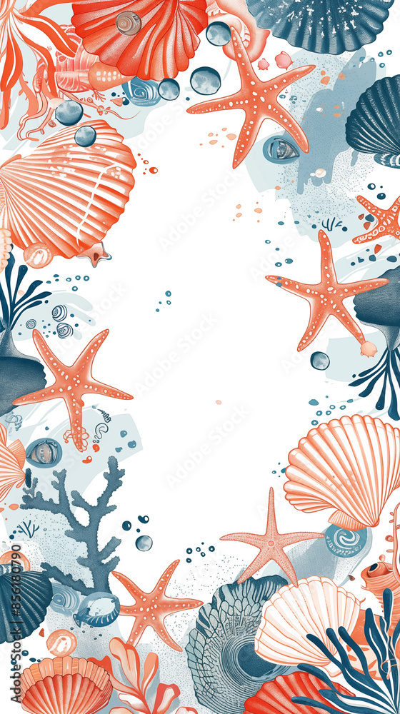 Wall mural abstract starfish and shell frame with copy space and dynamic sea elements in vibrant colors