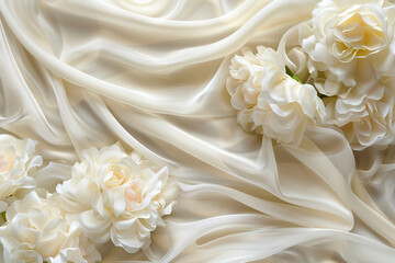 Elegant wedding background featuring soft, creamy silk fabric adorned with delicate white flowers, offering a rich texture and ample copy space for romantic themes.