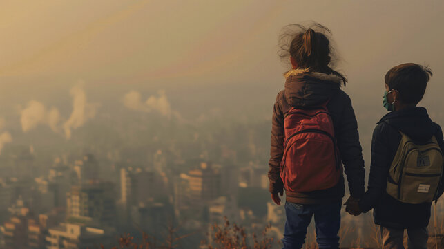 Air pollution background for a presentation or an advertisement. Back side of kids standing on a hill is looking down at a city that covered by smoke and dust.