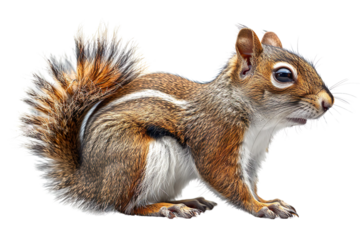 View from side of squirrel isolated on white background, transparent background