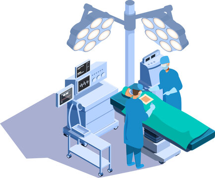 isometric surgical operation with surgeon and assistant with medical equipment, vector illustration