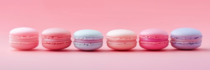 Row of colorful macarons on pink background banner. Panoramic web header. Wide screen wallpaper