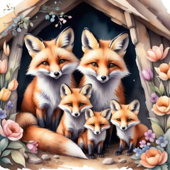 Fototapeta premium Family of red foxes is gathered in their forest den during the day. Five foxes are together, surrounded by colorful flowers