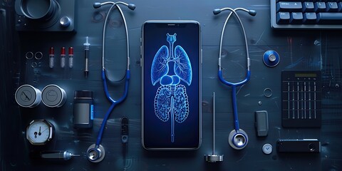 Fototapeta premium the concept of electronic health or e health is illustrated with a realistic smart device with a stethoscope hanging from it.stock illustration