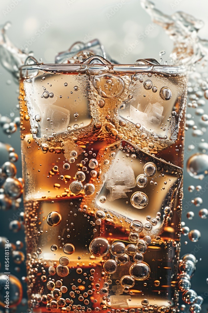 Poster Closeup of the liquid and ice cubes in cola, with bubbles forming on top. The background is a white and gray gradient. Generative AI.