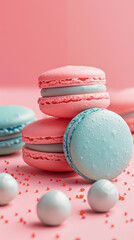 Stacked pink and blue macarons with candy balls on pink background, close-up