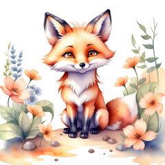 Watercolor small smiling fox sitting amidst vibrant flowers