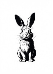 Fototapeta premium Digital illustration of rabbit sitting with its front paws tucked underneath. The rabbit is drawn in black and white, with its fur shaded to create a sense of depth and texture