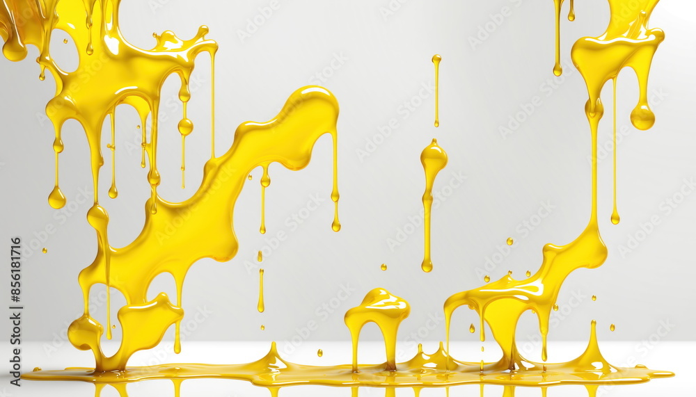 Poster abstract image of yellow liquid dripping and splashing in mid-air. liquid is captured in motion, cre