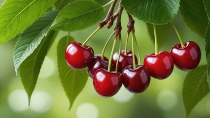 A close-up photograph of ripe red cherries hanging from a branch, surrounded by lush green leaves, showcasing the beauty of nature.