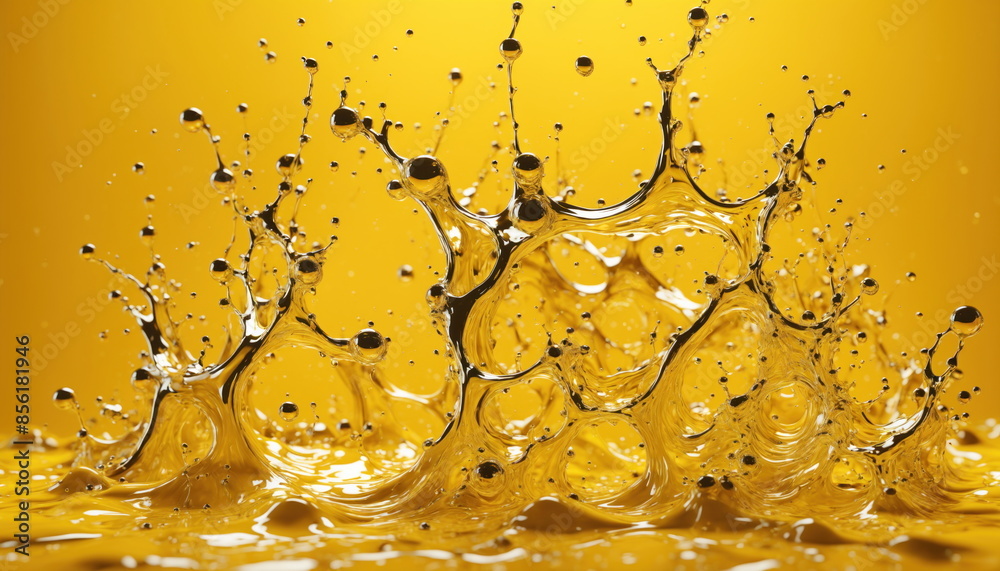 Poster golden liquid splashing against a yellow background, creating intricate patterns and droplets. dynam