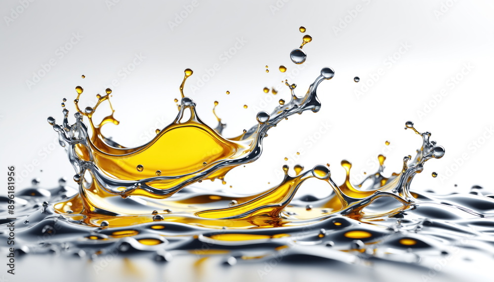 Poster golden liquid splashing and rippling on a reflective surface, creating a beautiful and dynamic patte