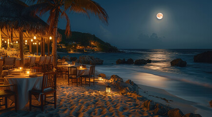 An elegant beachside dining setup with round tables for four, a bar, and a wine bar in a thatched,...