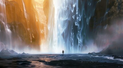 Majestic Waterfall Adventure: Person in Awe at the Powerful Cascading Falls - Nature's Grandeur