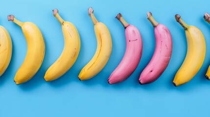 Row of yellow and pink bananas on blue background, colorful fruit arrangement. Creative food concept