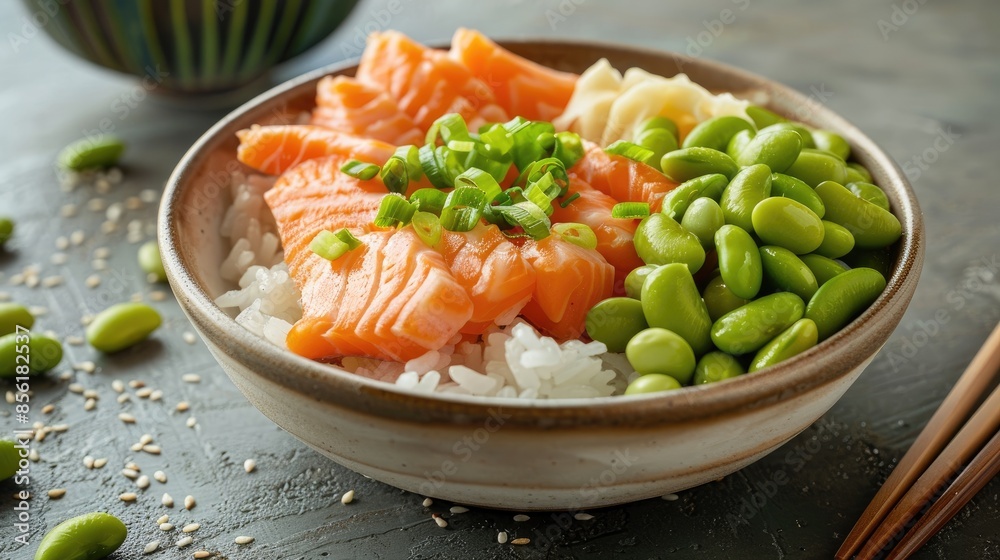 Canvas Prints bowl of rice with salmon and edamame