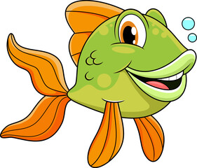 Cute Fish Cartoon Character Swims Underwater. Vector Hand Drawn Illustration Isolated On Transparent Background