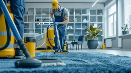 Professional cleaner in blue uniform and yellow cap using professional equipment to clean carpet in...