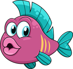 Cute Fish Cartoon Character Swims Underwater. Vector Hand Drawn Illustration Isolated On Transparent Background