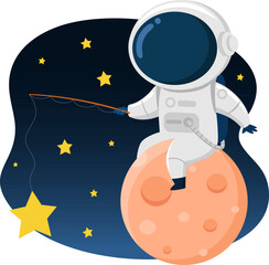 Naklejka premium Cute Astronaut Cartoon Character On Planet With Fishing Rod. Vector Illustration Flat Design Isolated With Background