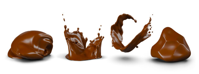 Realistic chocolate in different shapes. Thick mass, butter, spread, liquid, sauce, glaze, topping