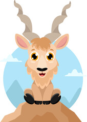 Cute Baby Markhor Cartoon Character. Vector Illustration Flat Design Isolated With Background