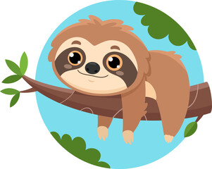 Fototapeta premium Funny Cute Sloth Cartoon Character Lies On Thick Branch Of Tree. Vector Illustration Flat Design Isolated With Background