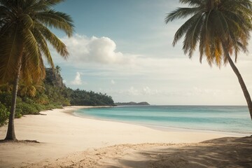 Sandy tropical beach with island on background