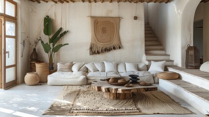 A bohemian-style living room with a minimalist design, characterized by earthy tones and natural materials. The space offers plenty of copy space for adding text or graphics, ideal for creative